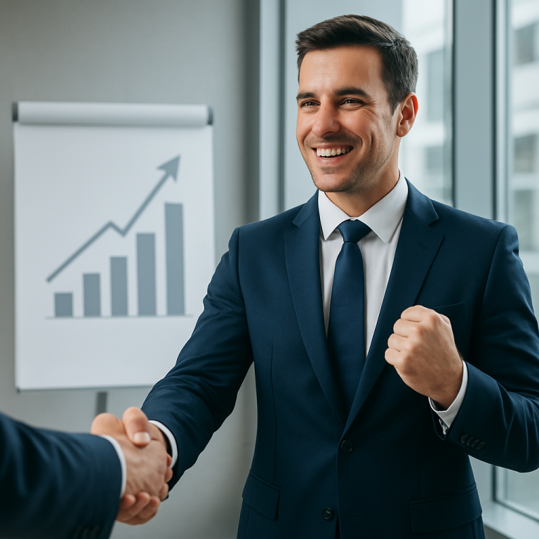 ¿Por qué confiar la gestión de tu negocio a 2DreamsProyect? Hombre de negocios con traje sonriente, estrechando manos ante gráfico en aumento.