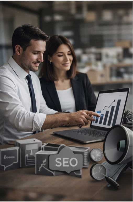 Marketing Digital y SEO. Pareja de profesionales analizando gráficos de crecimiento en una laptop. SEO visible en la mesa.