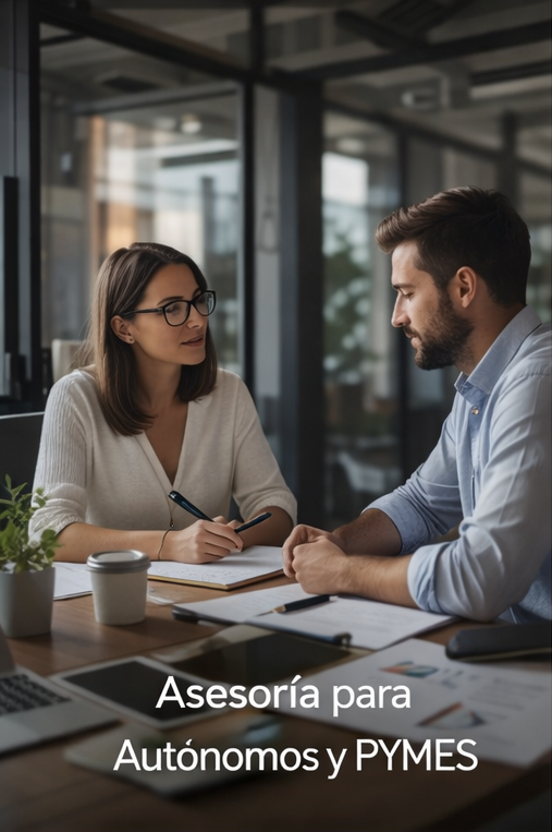 Asesoría para Autónomos y PYMES. Dos personas conversan sobre asesoría para autónomos y PYMES en un entorno profesional.